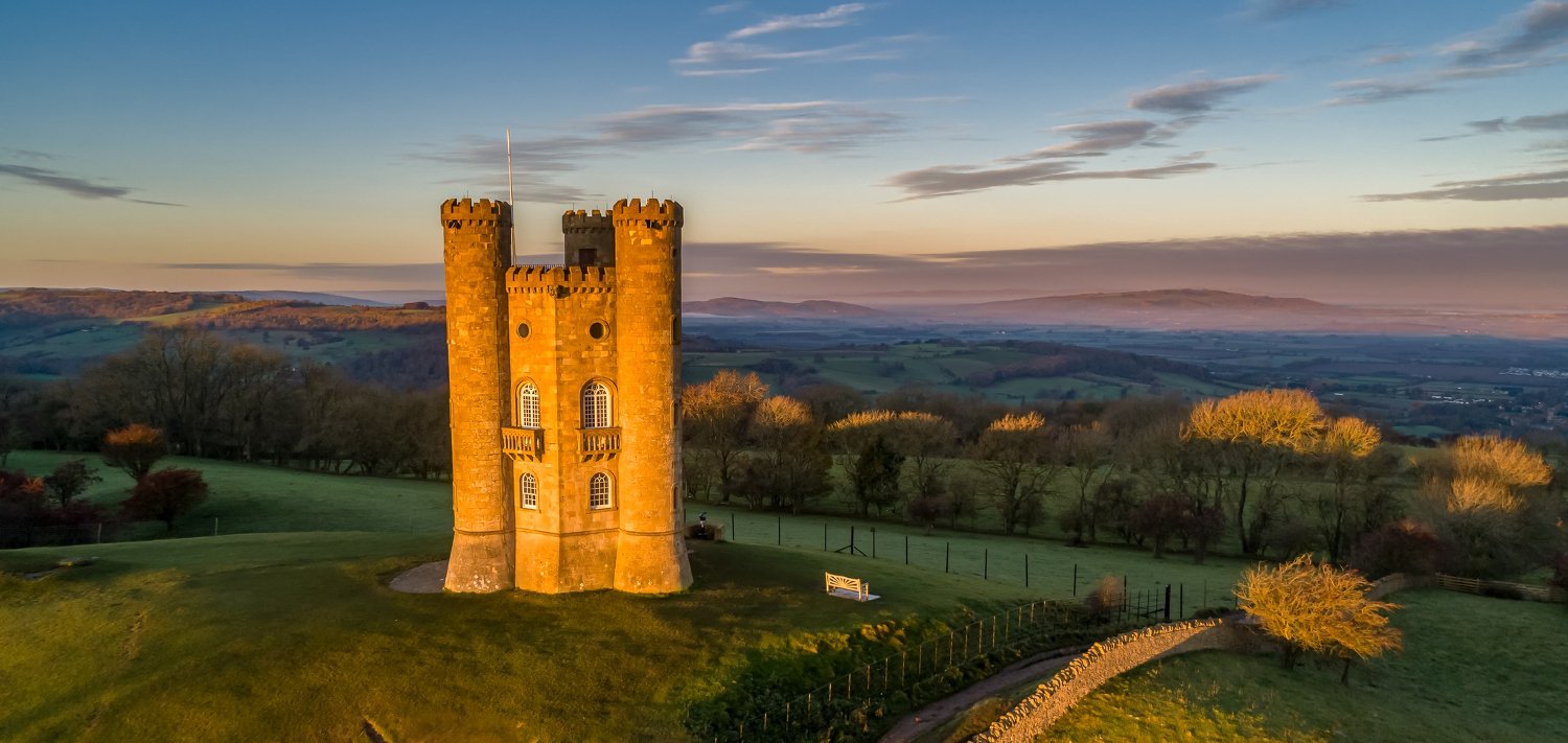 Aerial view of Broadway Tower in the Cotswolds