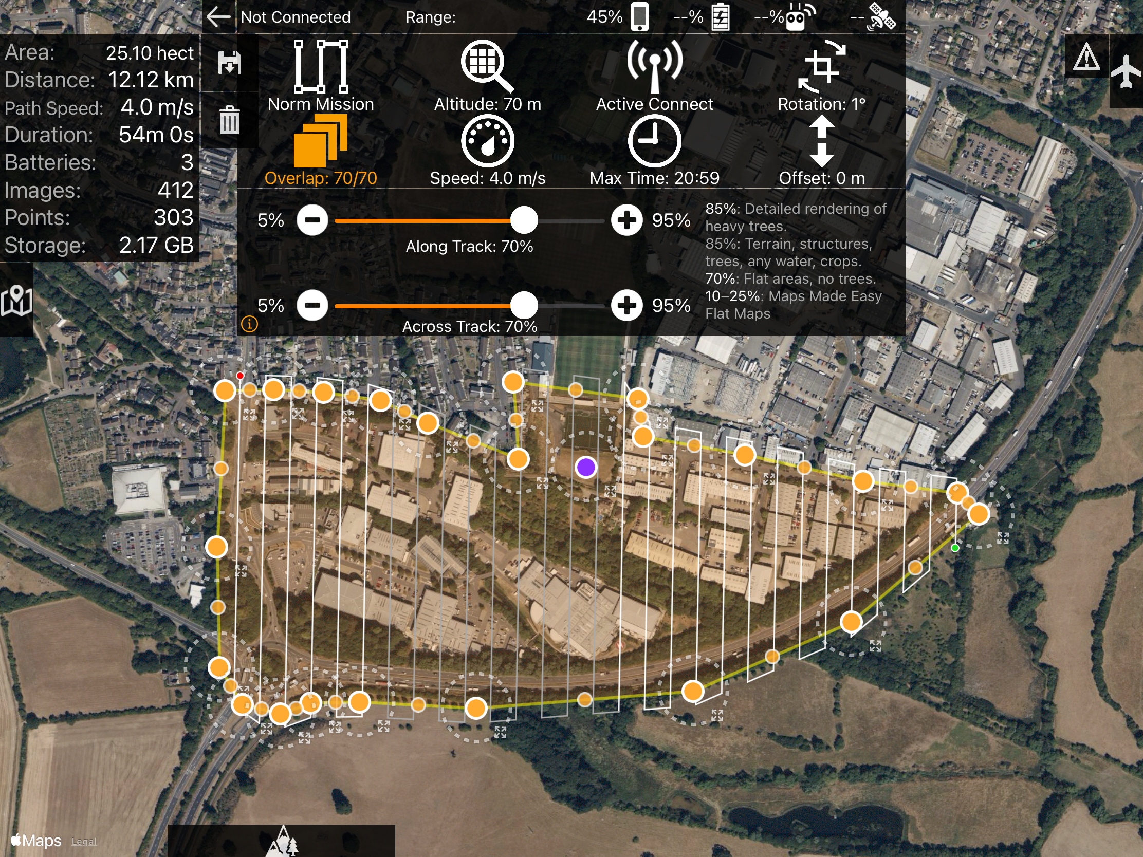 Drone mapping mission planning screen